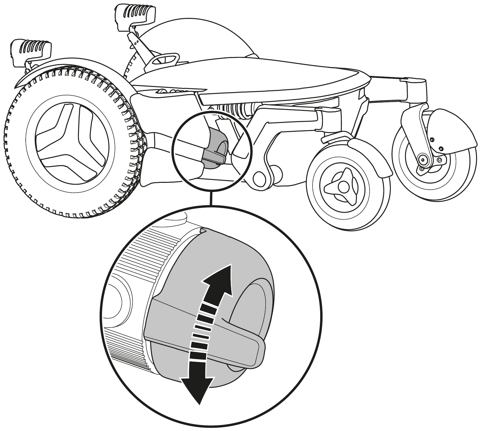 Drawing of the wheelchair base with the brake lever circled and enlarged. Arrows show the lever moving up and down.